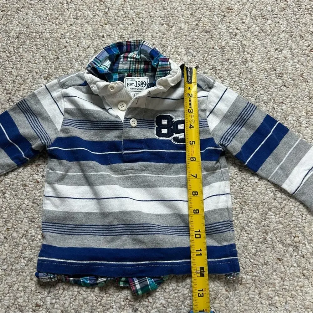 Children’s Place Striped Long Sleeve Layered Polo Boys 6 Plaid Collar 1/4 Button
